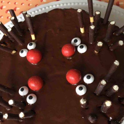 Der Schokolade-Nuss-Kuchen mit Igeln aus M und Ms für die Nase, Zuckeraugen und Micadostäbchen für die Stacheln dekoriert wurde angeschnitten und eine Stück wird auf dem Kuchenheber erhöht gen Kamera gehalten.