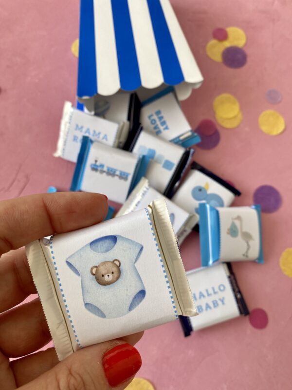 Süße Schokoladen für die Babyparty mit Ritter Sport Mini Schokoladen. DIY Geschenk für die Baby Shower zum Ausdrucken.