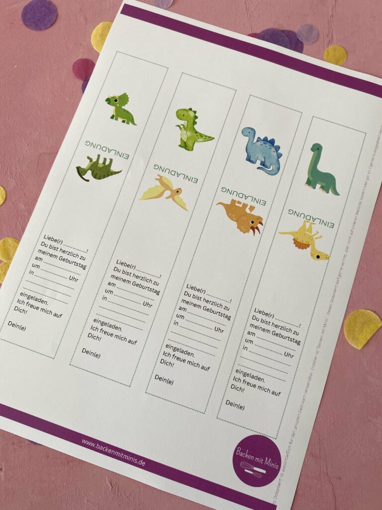 Süße Einladungen für den Kindergeburtstag mit Ritter Sport Mini Schokoladen. DIY Einladung mit Dinosauriern. Dino-Einladung zum Ausdrucken.