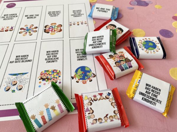 Süße Schokoverpackung für Ritter Sport Mini Schokoladen für den Weltkindertag. DIY Geschenke für Kinder.