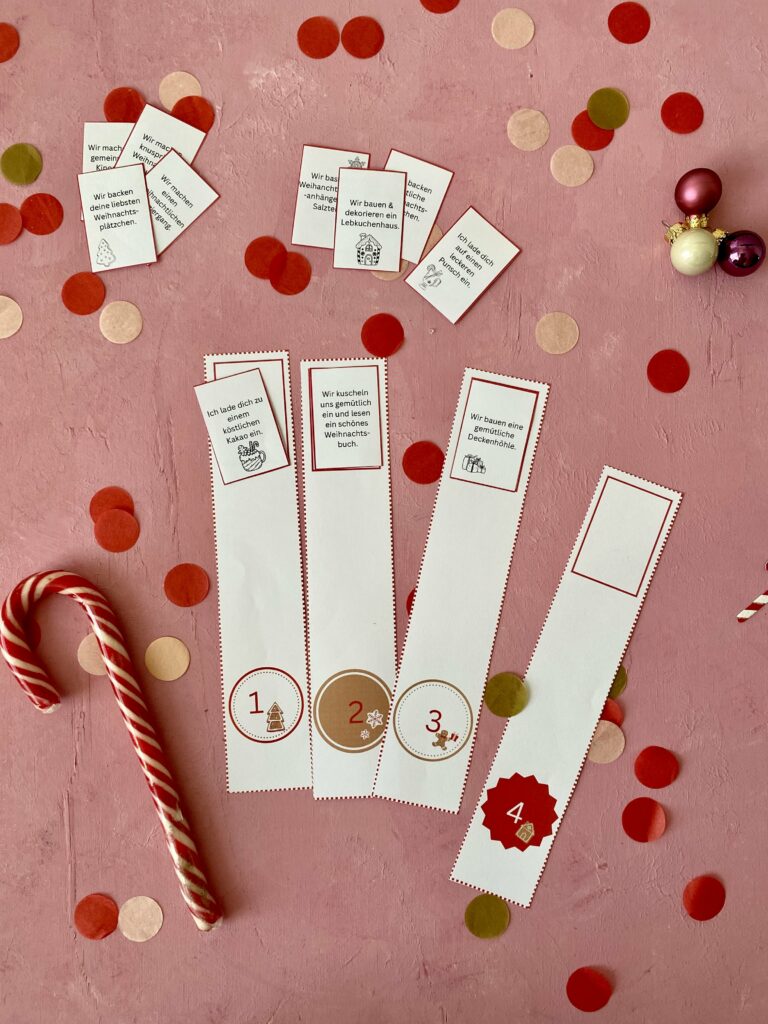 Last-Minute-Adventskalender Rot mit 90 verschiedenen Gutscheinideen für "Zeit statt Zeug" für schöne Erinnerungen und gemeinsame Zeit in der Weihnachtszeit!