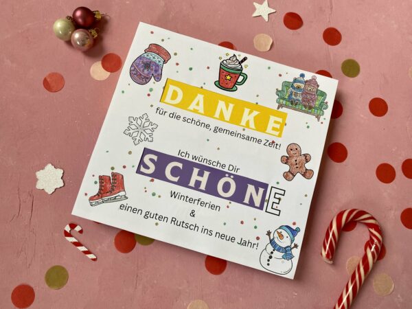 Produkt Milka "Danke schön" Pralinen Cover "Schöne Winterferien" zum Ausdrucken