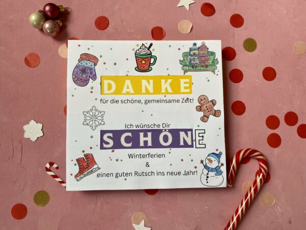 Produkt Milka "Danke schön" Pralinen Cover "Schöne Winterferien" zum Ausdrucken