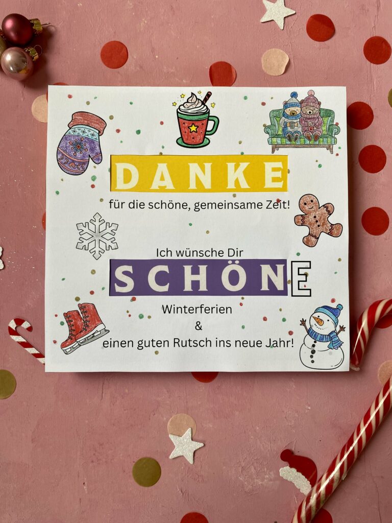 Produkt Milka "Danke schön" Pralinen Cover "Schöne Winterferien" zum Ausdrucken (weihnachtliche Geschenkverpackung)