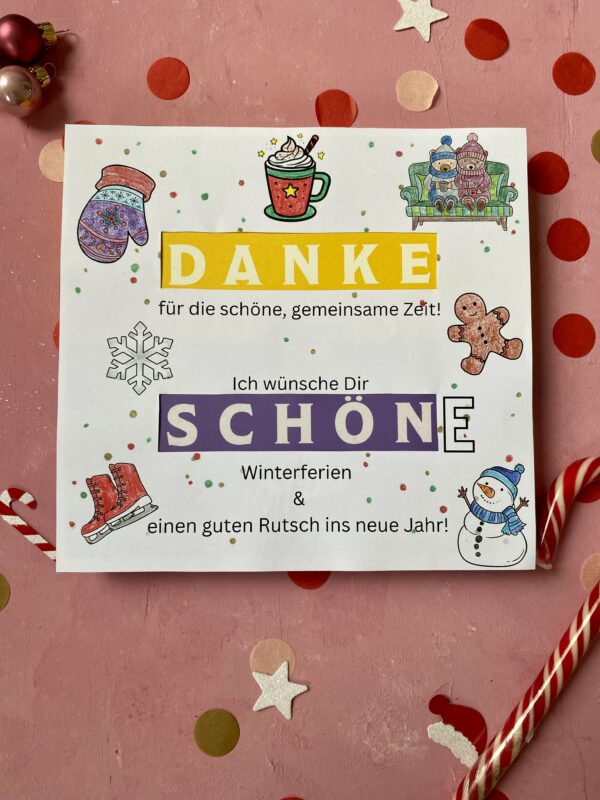 Produkt Milka "Danke schön" Pralinen Cover "Schöne Winterferien" zum Ausdrucken