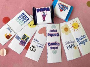 Bester Papa Banderolen für Ritter Sport Minis für ein kleines Danke schön aus Schokoladen zum Geburtstag, Vatertag oder einfach so.