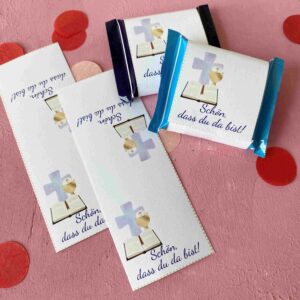 Banderolen für Ritter Sport Minis für kleine Gastgeschenke zur Kommunion aus Schokolade.