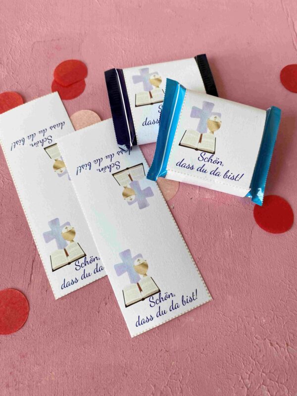 Banderolen für Ritter Sport Minis für kleine Gastgeschenke zur Kommunion aus Schokolade.