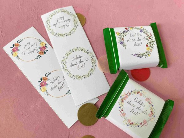 Banderolen für Ritter Sport Minis für kleine Gastgeschenke zur Taufe, Kommunion oder anderen festlichen Familienanlässen aus Schokolade.