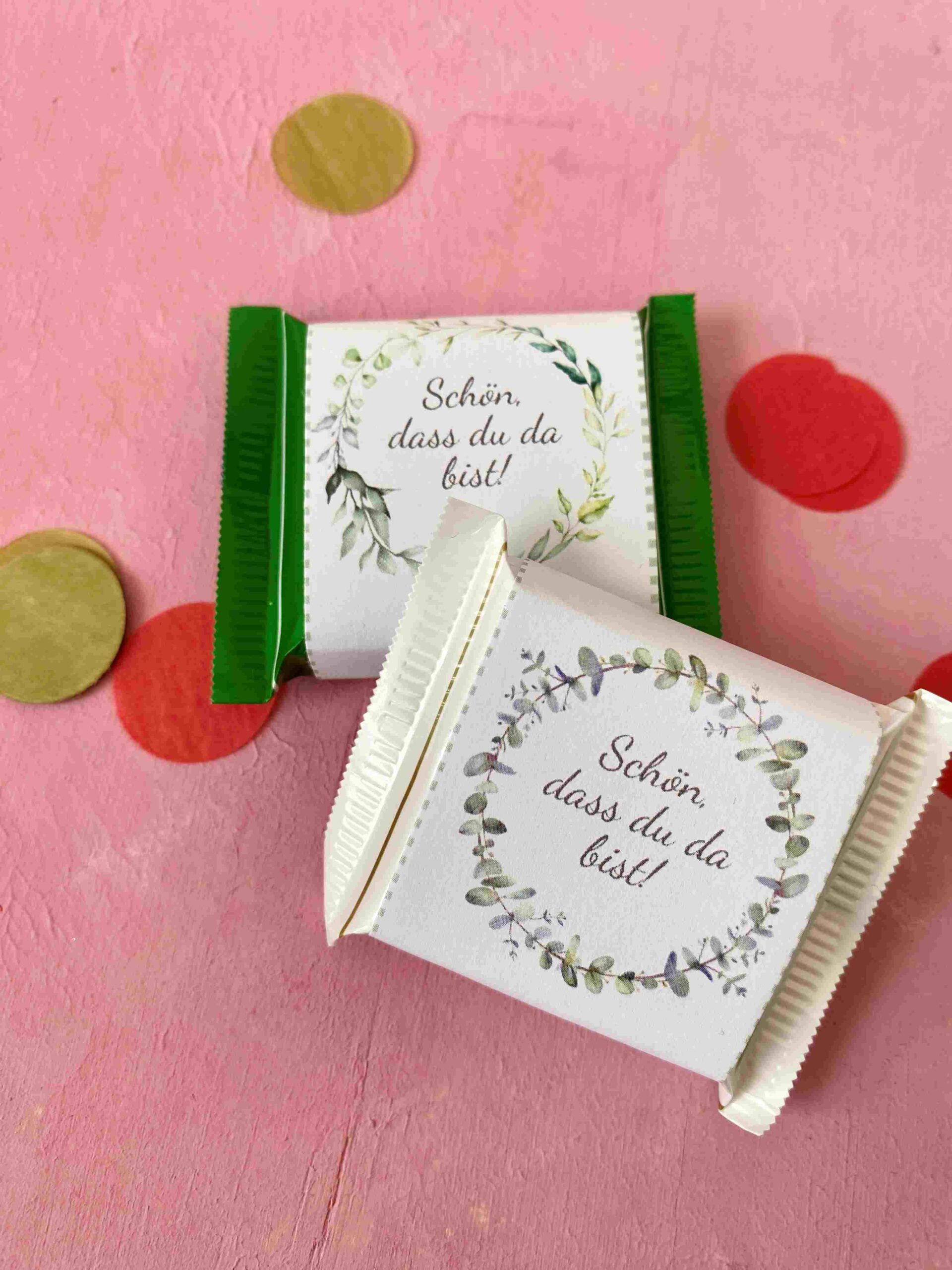 Banderolen für Ritter Sport Minis für kleine Gastgeschenke zur Taufe, Kommunion oder anderen festlichen Familienanlässen aus Schokolade.