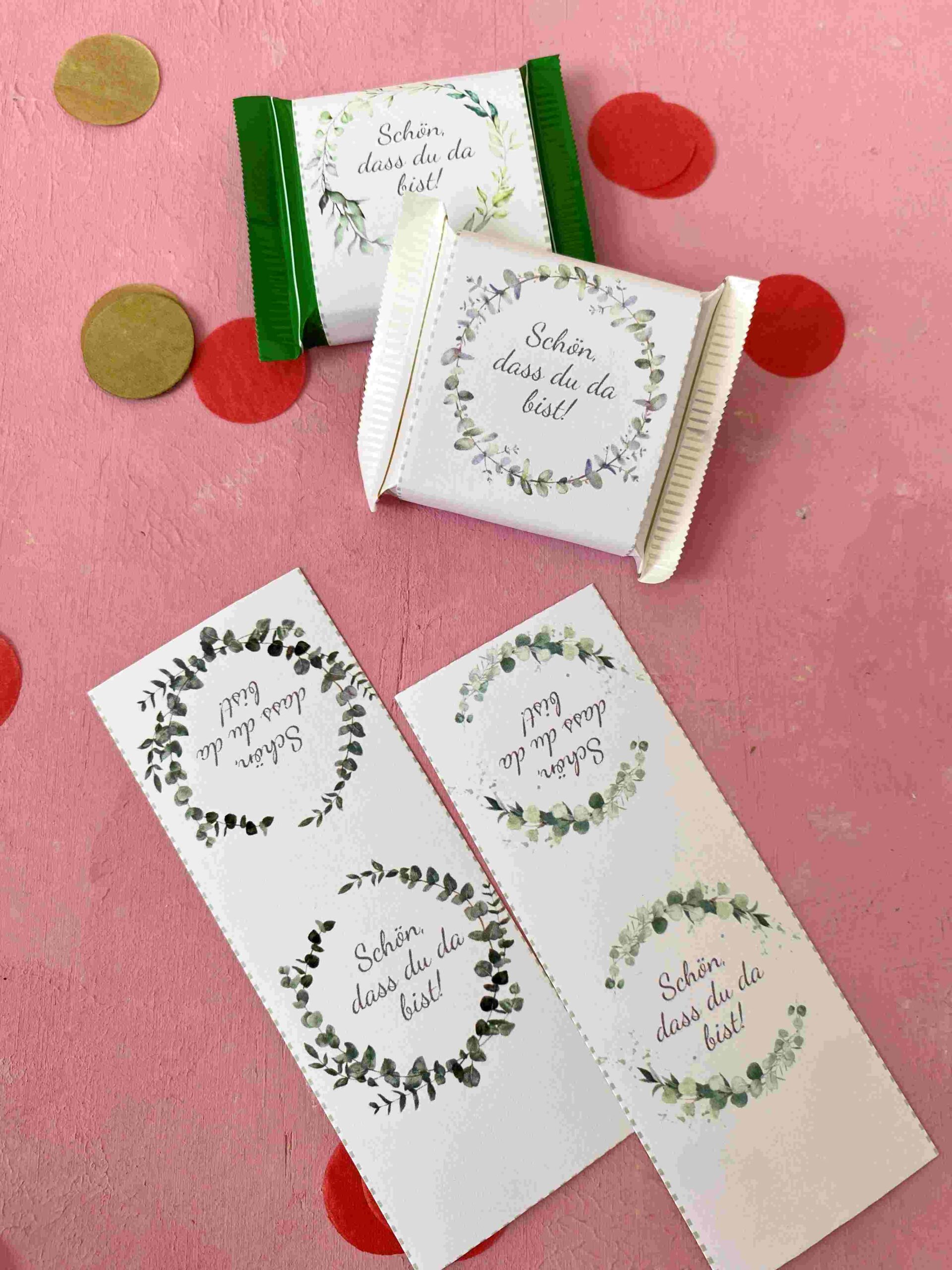 Banderolen für Ritter Sport Minis für kleine Gastgeschenke zur Taufe, Kommunion oder anderen festlichen Familienanlässen aus Schokolade.