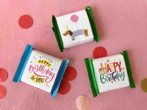 Banderolen für Ritter Sport Minis für kleine Schokoladengeschenke zum Geburtstag. Süße Geburtstagsschokoladen.